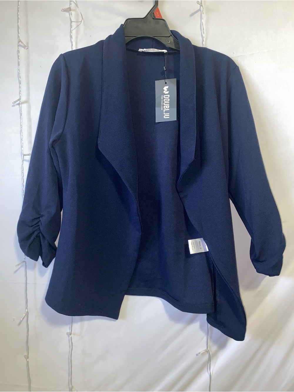Doublju Navy Open-Front Cardigan with Ruched Three-Quarter Sleeves